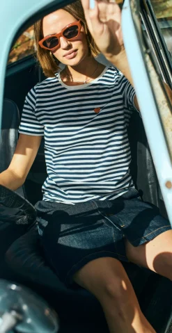 Mian bluse med striber off-white w. navy Freequent