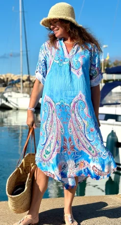 Nataline kjole med krave og paisley blå LikeLondon