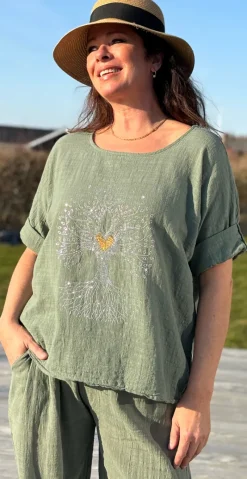 Olive bluse med paillet træ militare LikeLondon
