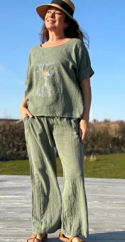 Olive bluse med paillet træ militare LikeLondon