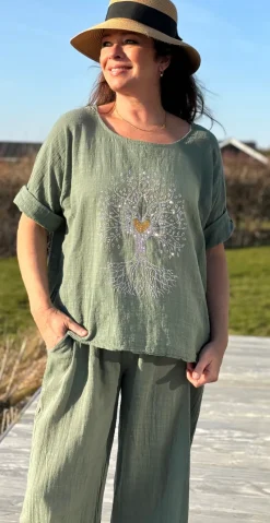 Olive bluse med paillet træ militare LikeLondon