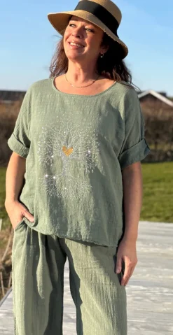 Olive bluse med paillet træ militare LikeLondon