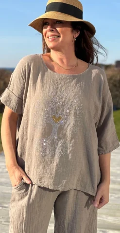 Olive bluse med paillet træ fango LikeLondon