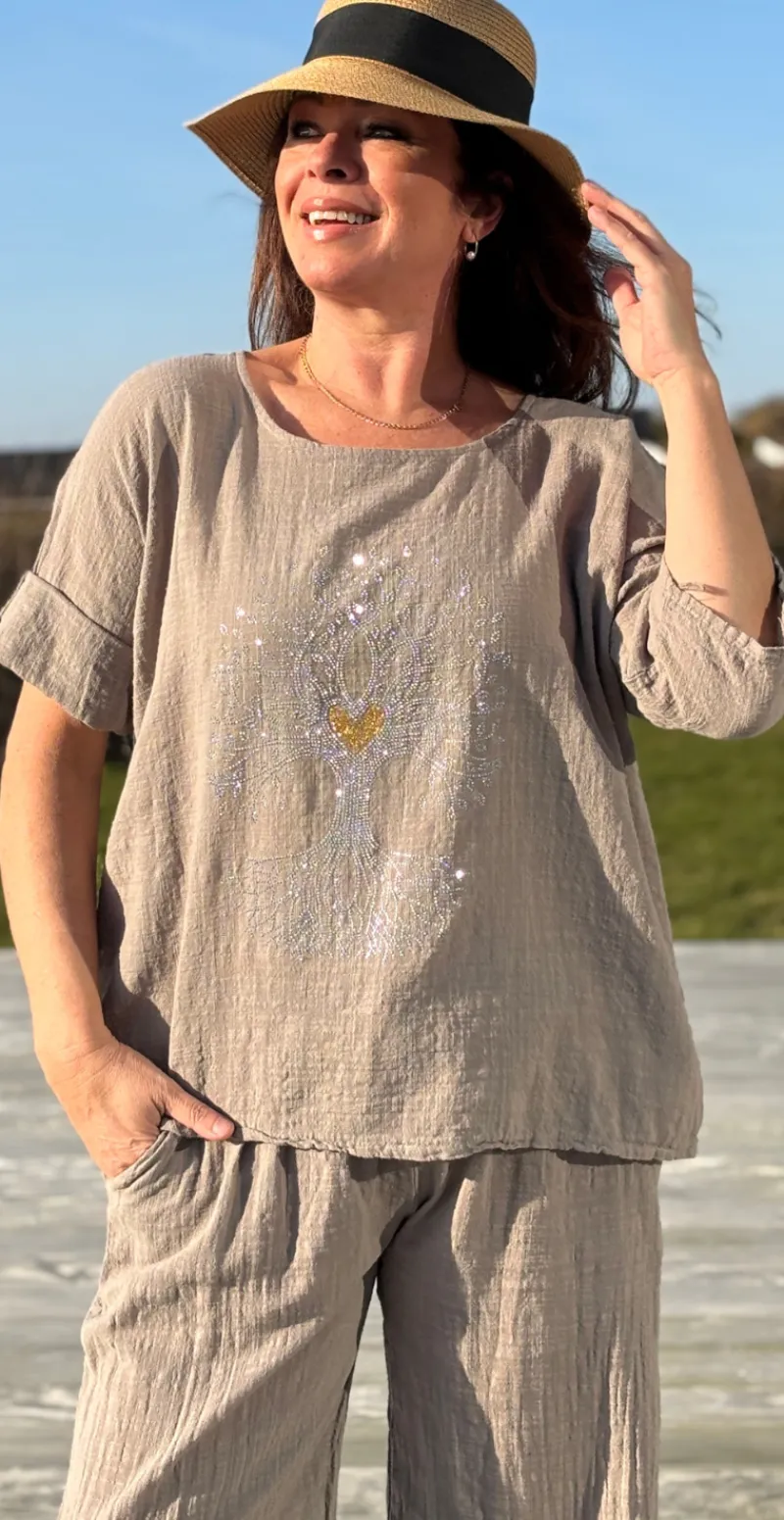 Olive bluse med paillet træ fango LikeLondon