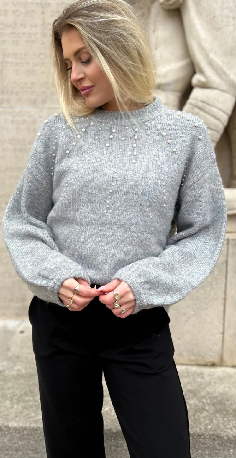 Pearl uld-pullover med perler grå