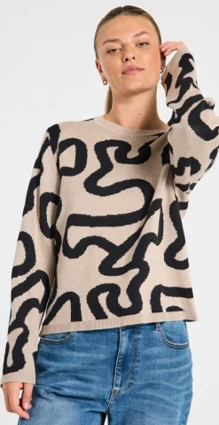 Pullover med mønster simply taupe w. black