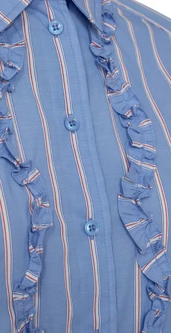 Sirana bluse med frynsedetaljer og striber chambray blue w. star off-white