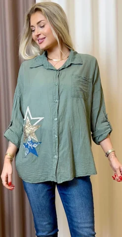 Skye skjorte med stjerne motiv khaki LikeLondon