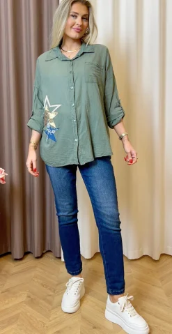 Skye skjorte med stjerne motiv khaki LikeLondon