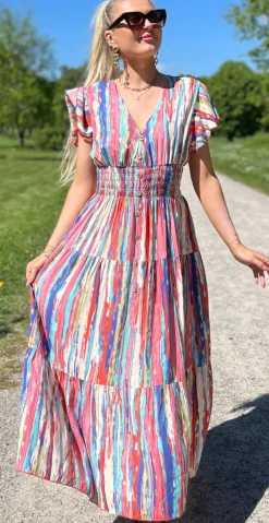 Tasja lang kjole med elastik talje og knapper royal blue LikeLondon