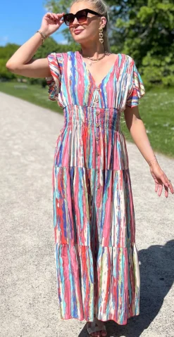 Tasja lang kjole med elastik talje og knapper royal blue LikeLondon