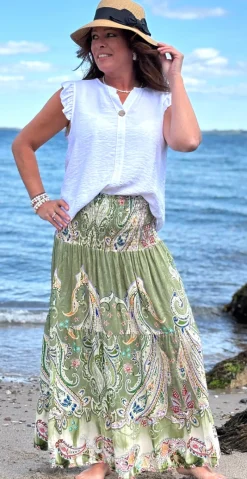 Thora nederdel med paisley print khaki LikeLondon
