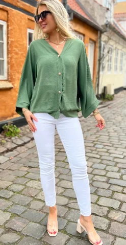 Tiffany bluse med guldknapper khaki LikeLondon