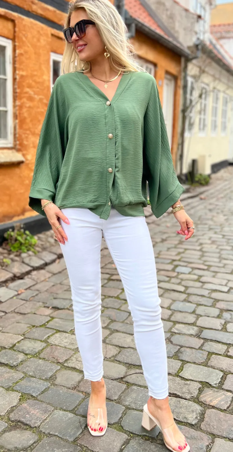 Tiffany bluse med guldknapper khaki LikeLondon