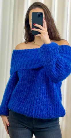 Veronica off shoulder strik royalblå LikeLondon