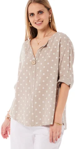 Vibe bluse med prikker og træknap beige LikeLondon