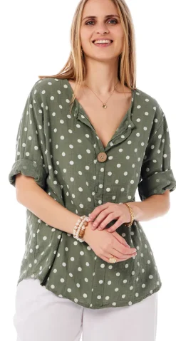 Vibe bluse med prikker og træknap khaki LikeLondon