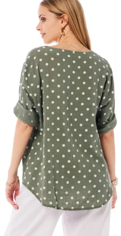 Vibe bluse med prikker og træknap khaki LikeLondon