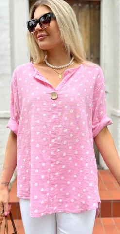 Vibe bluse med prikker og træknap pink LikeLondon