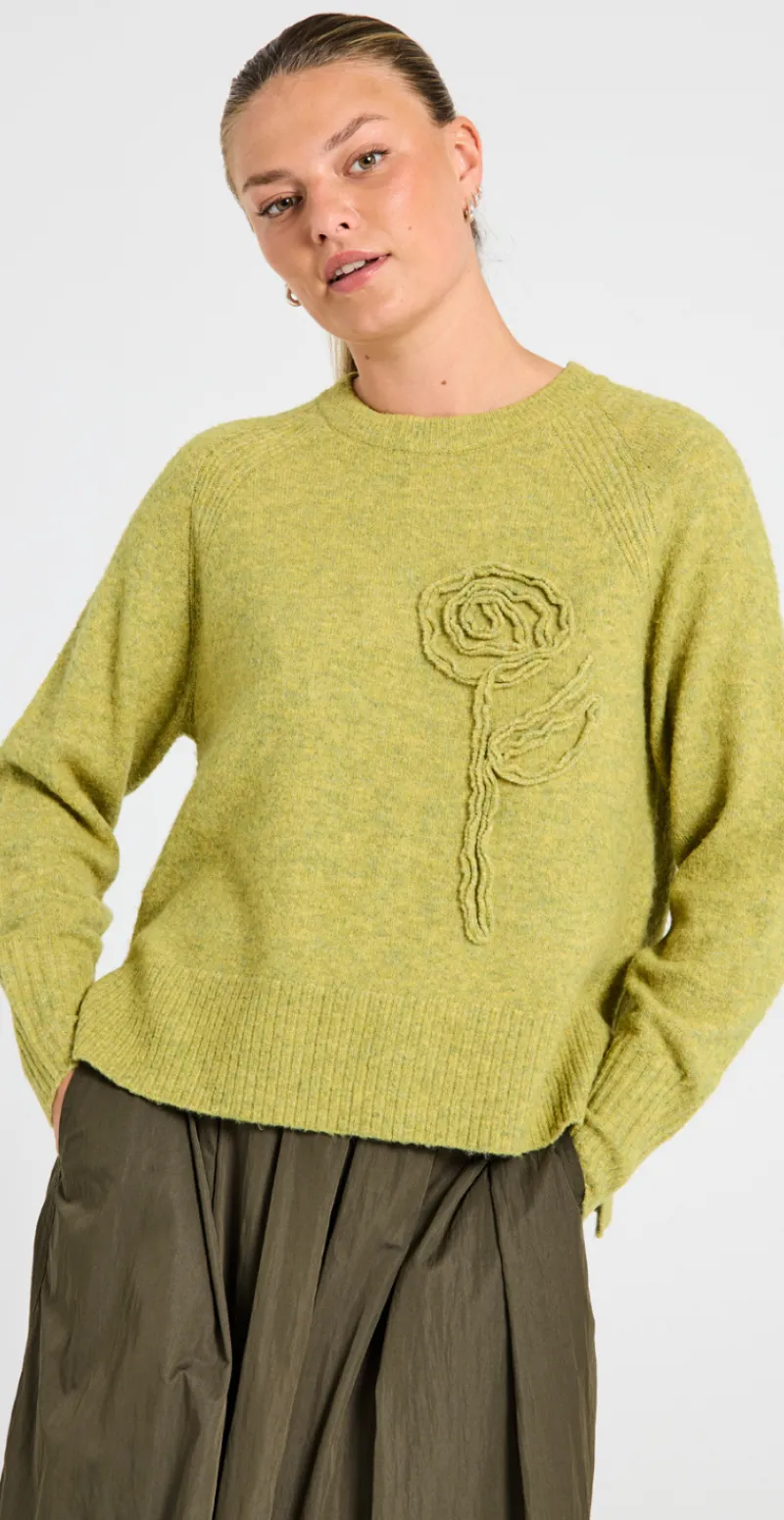 Vidoo strik pullover med broderet blomst willow melange
