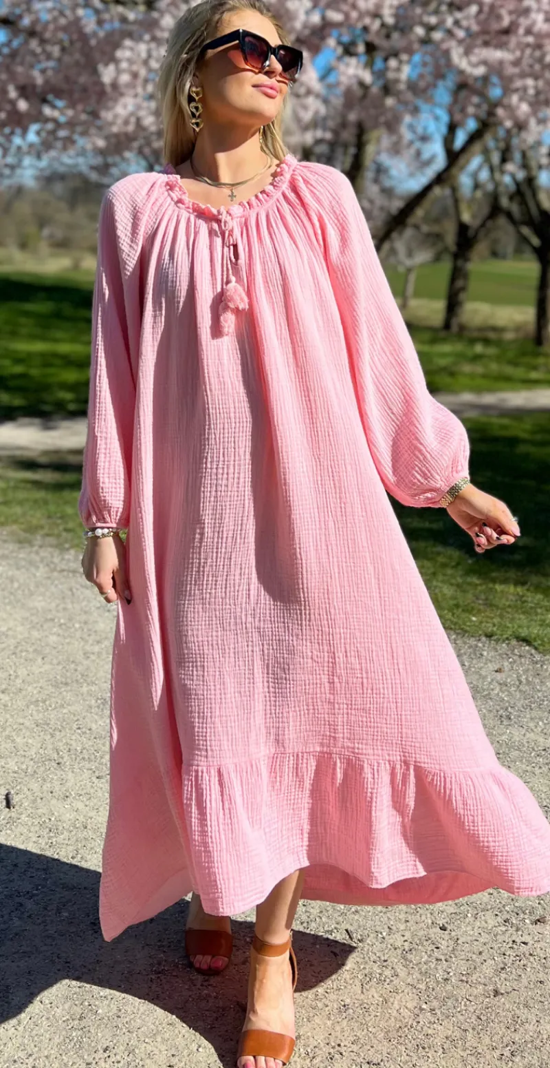 Wiki kjole med snørre og vidde ved ærmer rosa LikeLondon